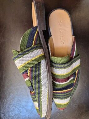 SHEKUDO Striped Green Pointed Slip-On Mules —